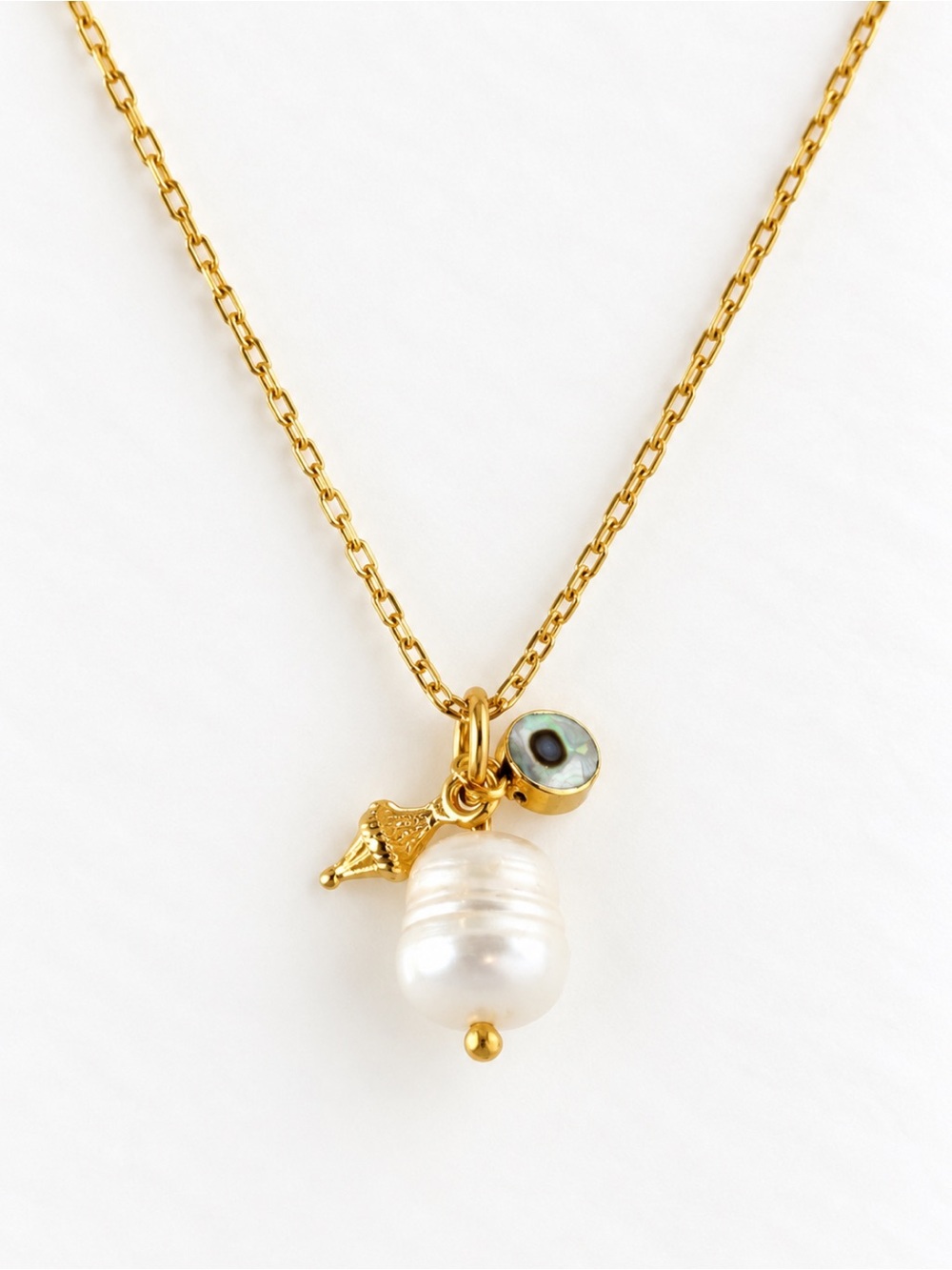 18K Gold Plated Freshwater Pearl & Abalone Shell Charm Necklace